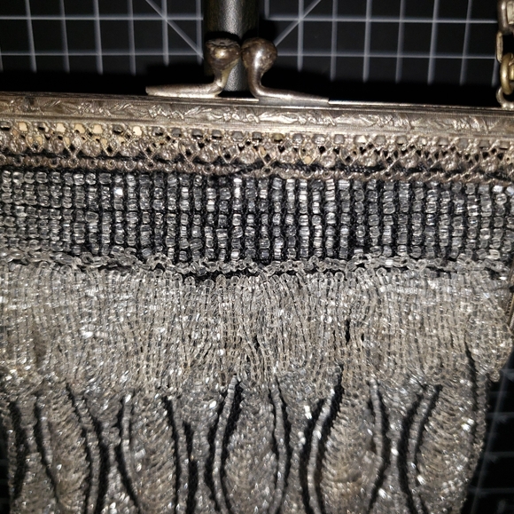 Early 1900s Antique Swag Beaded Evening Bag Crystal Clear & Black Glass Beads - Picture 9 of 13